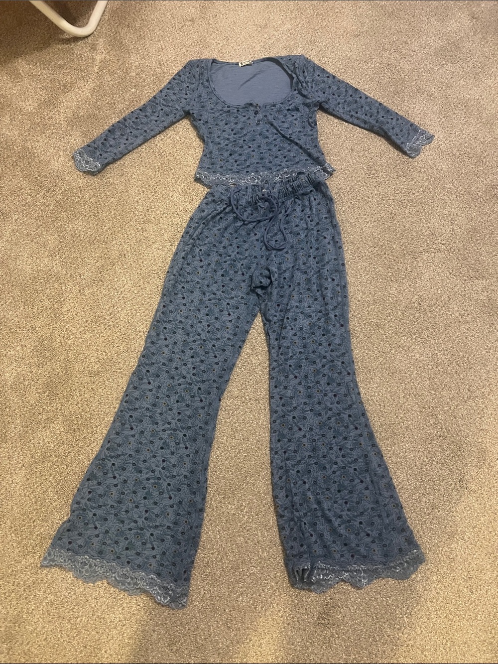 Free People Blue Lace-Trim Long Sleeve Pajama Set